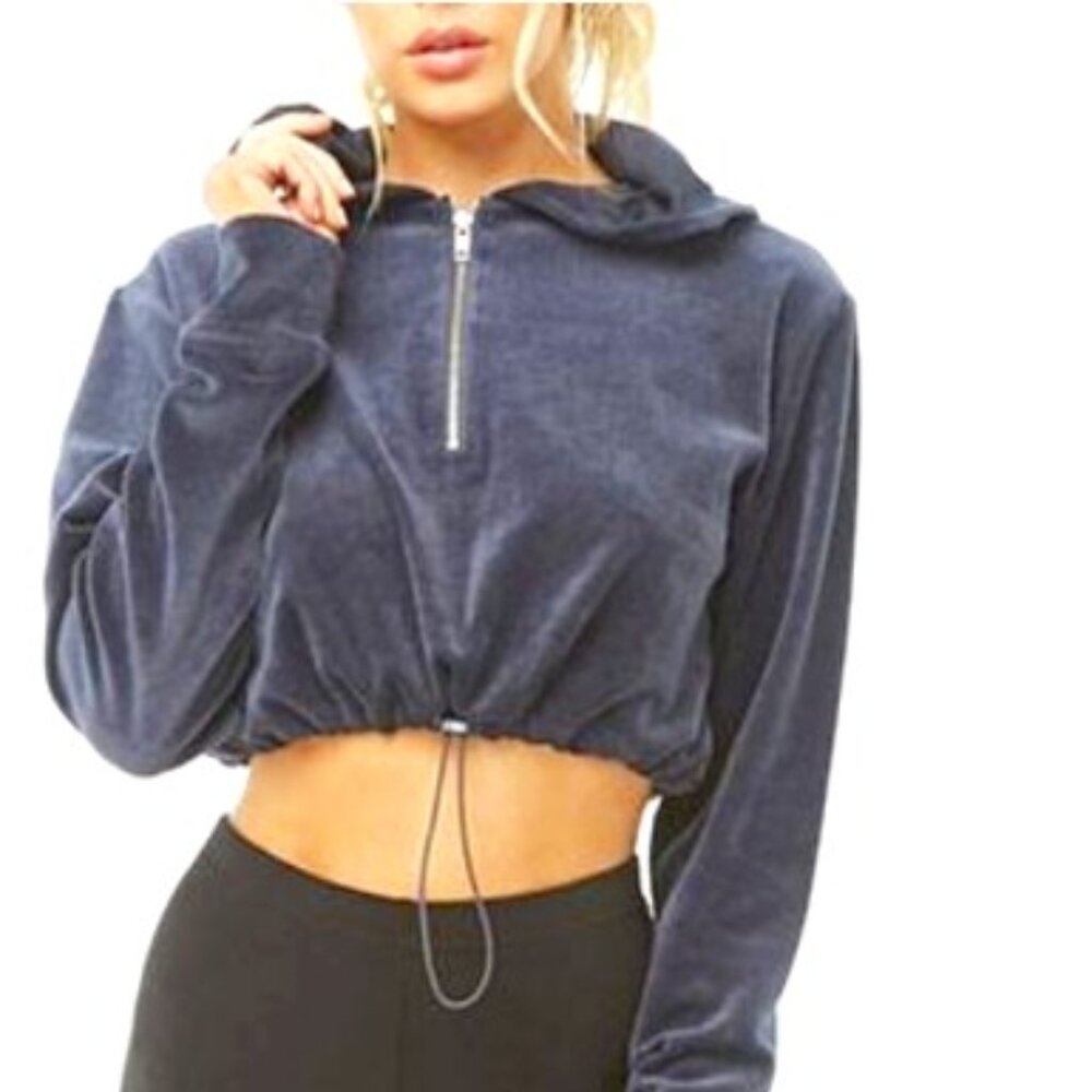 Navy Velour Cropped Hoodie
